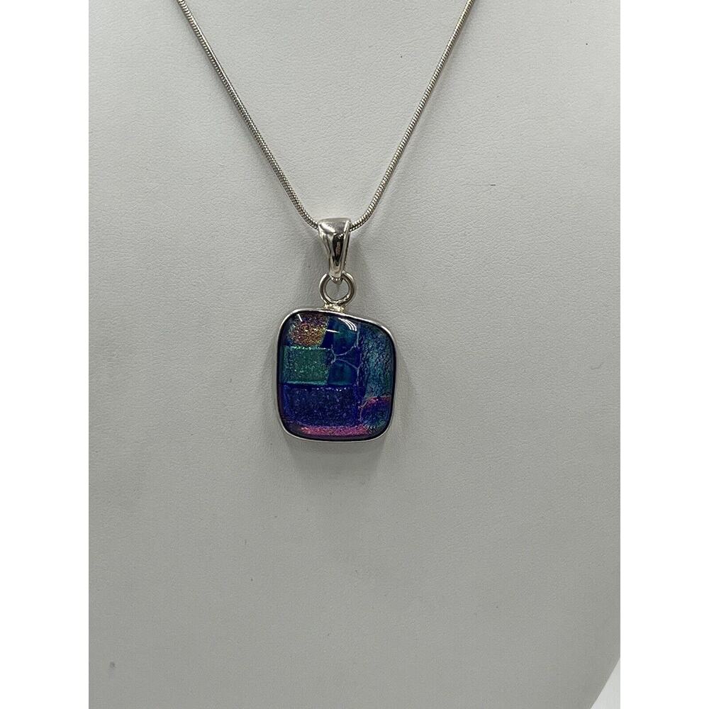 Charles Albert Signed Dichroic Art Glass Fine Sterling Silver‎ Pendant 16" Chain